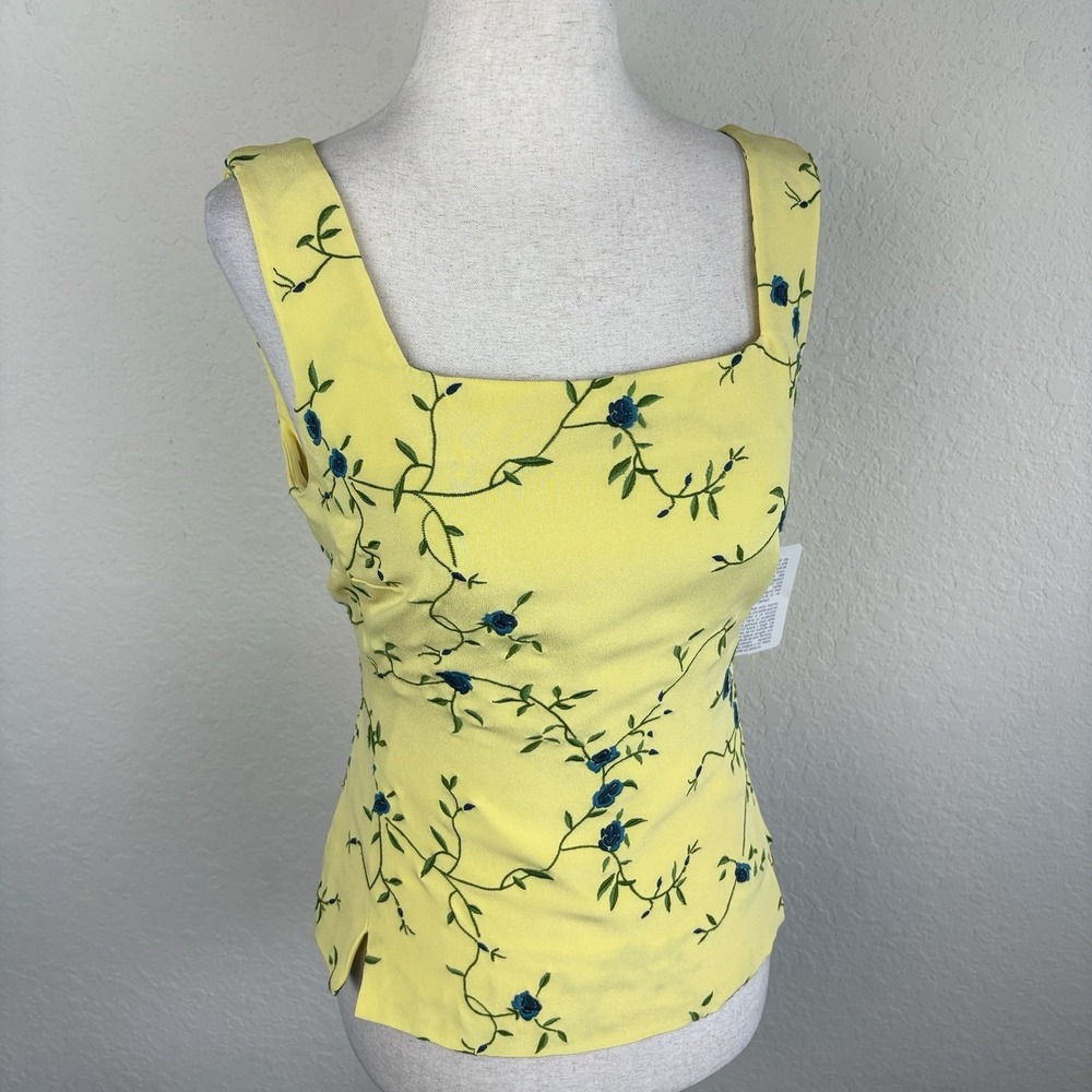 Vintage Rena Rowan 6 Silk Embroidered Tank Top Floral Yellow Fairy Cottage 90s